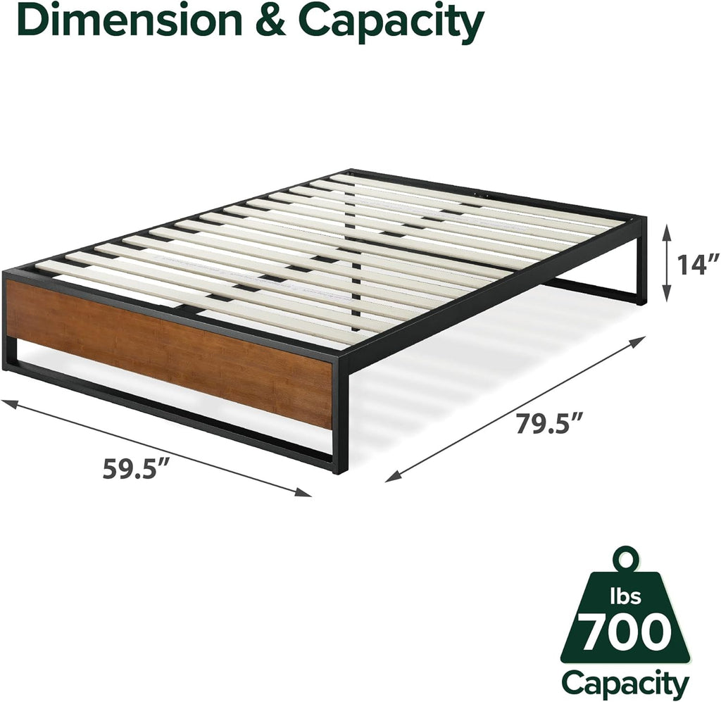 Zinus Good Design Award Winner Suzanne 14 Inch Bamboo and Metal Platforma Bed Frame, No Box Spring Needed, Wood Slat Support, Chestnut Brown, Queen