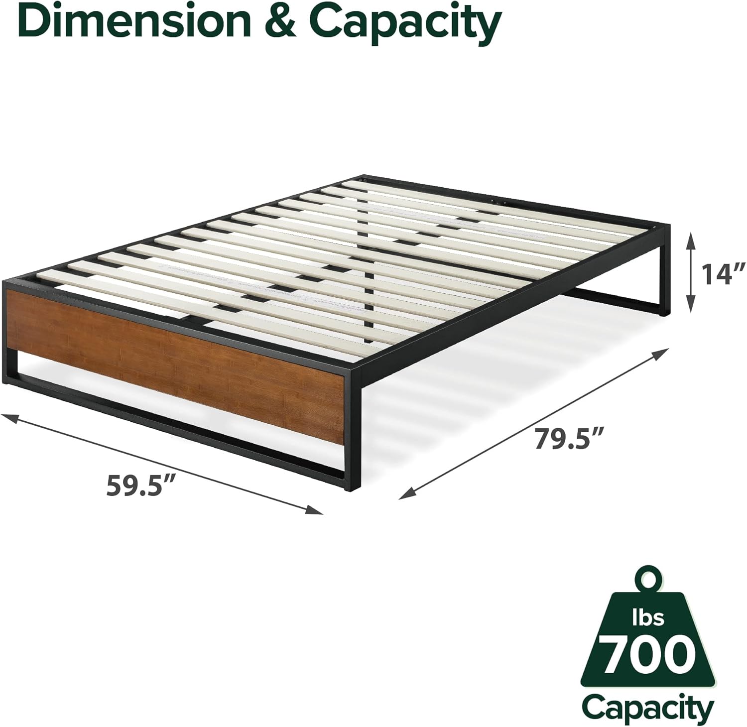 Zinus Good Design Award Winner Suzanne 14 Inch Bamboo and Metal Platforma Bed Frame, No Box Spring Needed, Wood Slat Support, Chestnut Brown, Queen