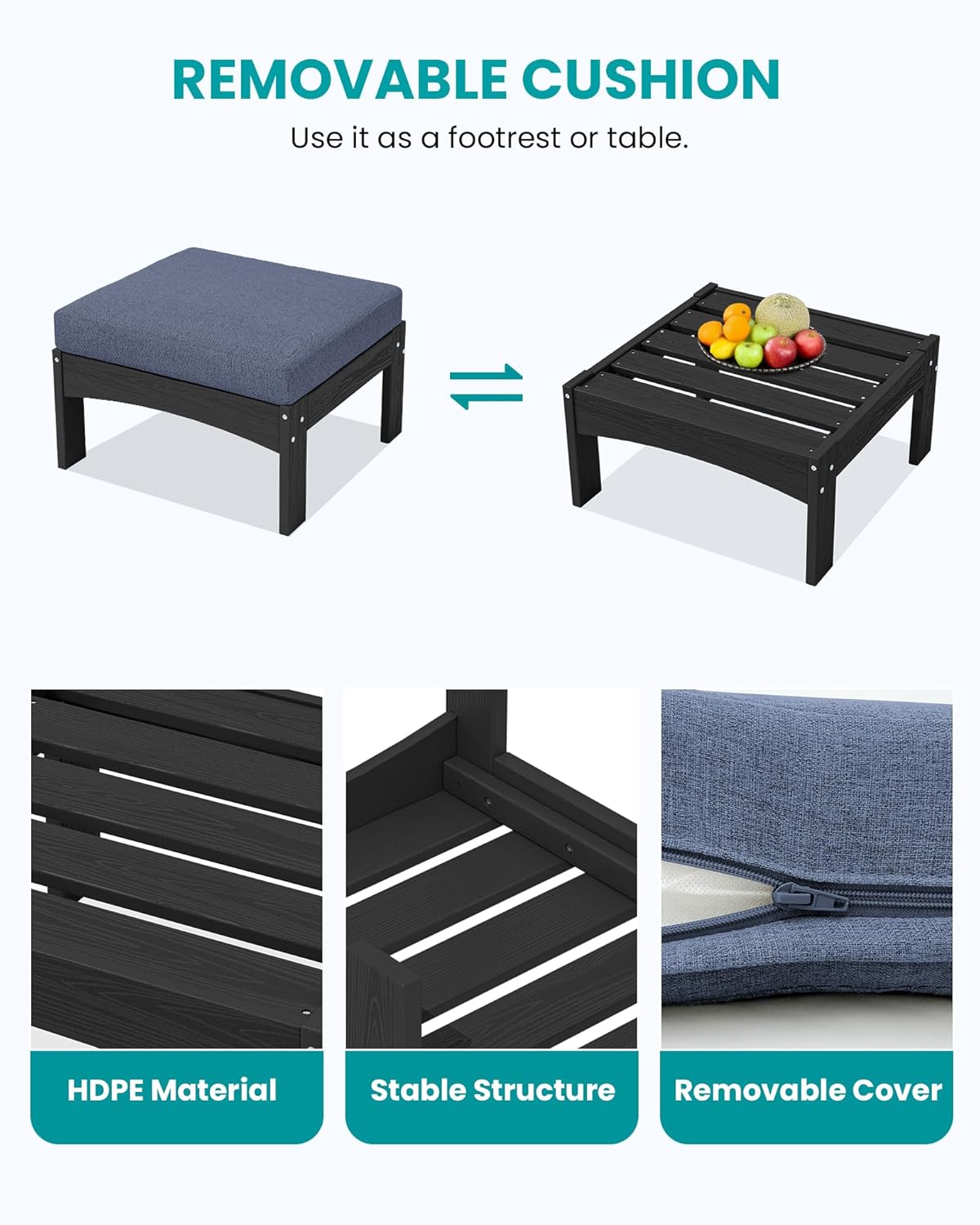SERWALL 2 Pieces Patio Sofa, All-Weather HDPE Outdoor Conversation Set with Removable Cushions and Ottoman, Modular Design Converts to Chaise Lounge for Porch, Poolside, Black Frame with Grey Cushion