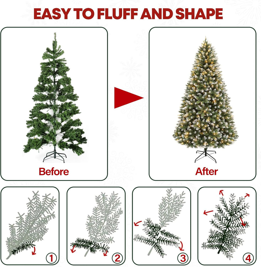 6 ft Lighted Artificial Snow Flocked Christmas Tree, 250 LED Warm White Lights, 1032 PVC Branch Tips, Easy Assembly for Indoor Holiday Decorating