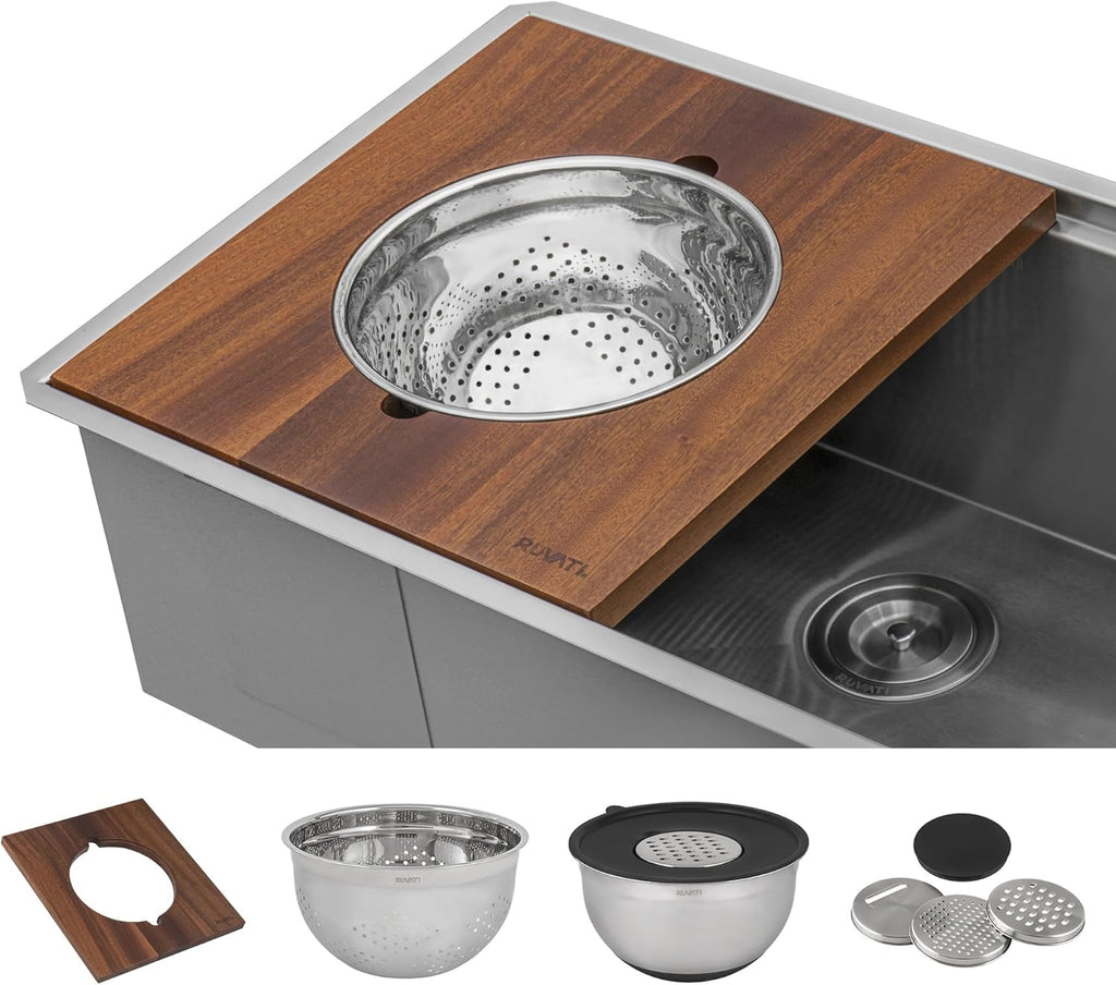 Ruvati 33-inch Undermount Workstation Kitchen Sink – 16 Gauge Stainless Steel kitchen Sink Single Bowl with Cutting Board & Accessories, Brushed Finish Hides Scratches – RVH8222