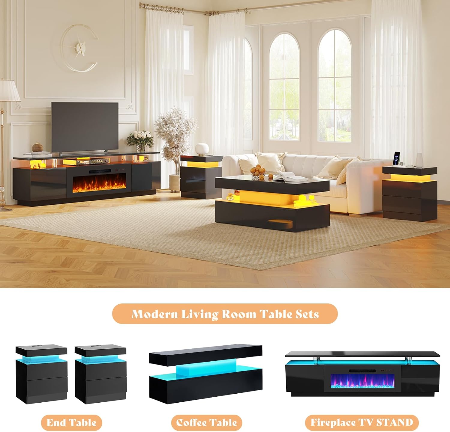 AMERLIFE 5 Piece Modern Living Room Table Set, Includes 80" Fireplace TV Stand, 2-Tier Coffee Table, 2 X Side Tables with Charging Station, LED Media Furniture, Black