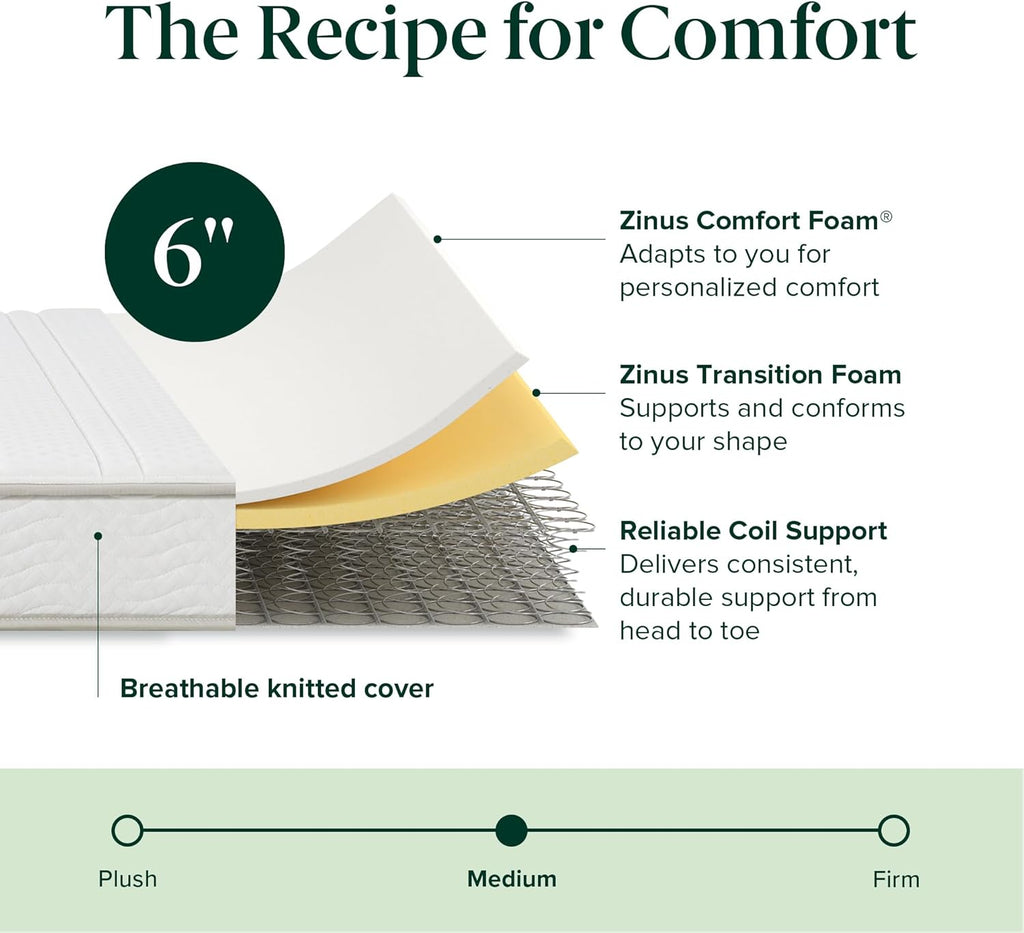 Zinus 6 Inch Foam and Spring Hybrid Mattress [New Version], Twin, Medium Firmness, Durable Support, Certified Safe Foams & Fabric, Mattress in A Box, White