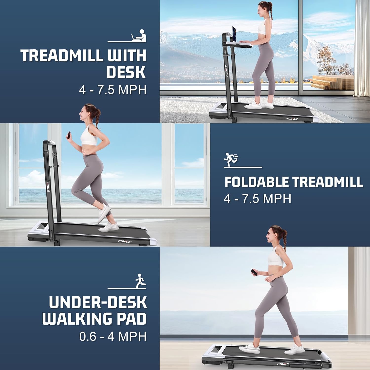 FUNMILY Walking Pad Treadmill with Incline, Foldable Treadmills for Home Office, Portable Walking Pad 300lbs Capacity, Remote Control, Led Touch Screen, 2s Folding Treadmill