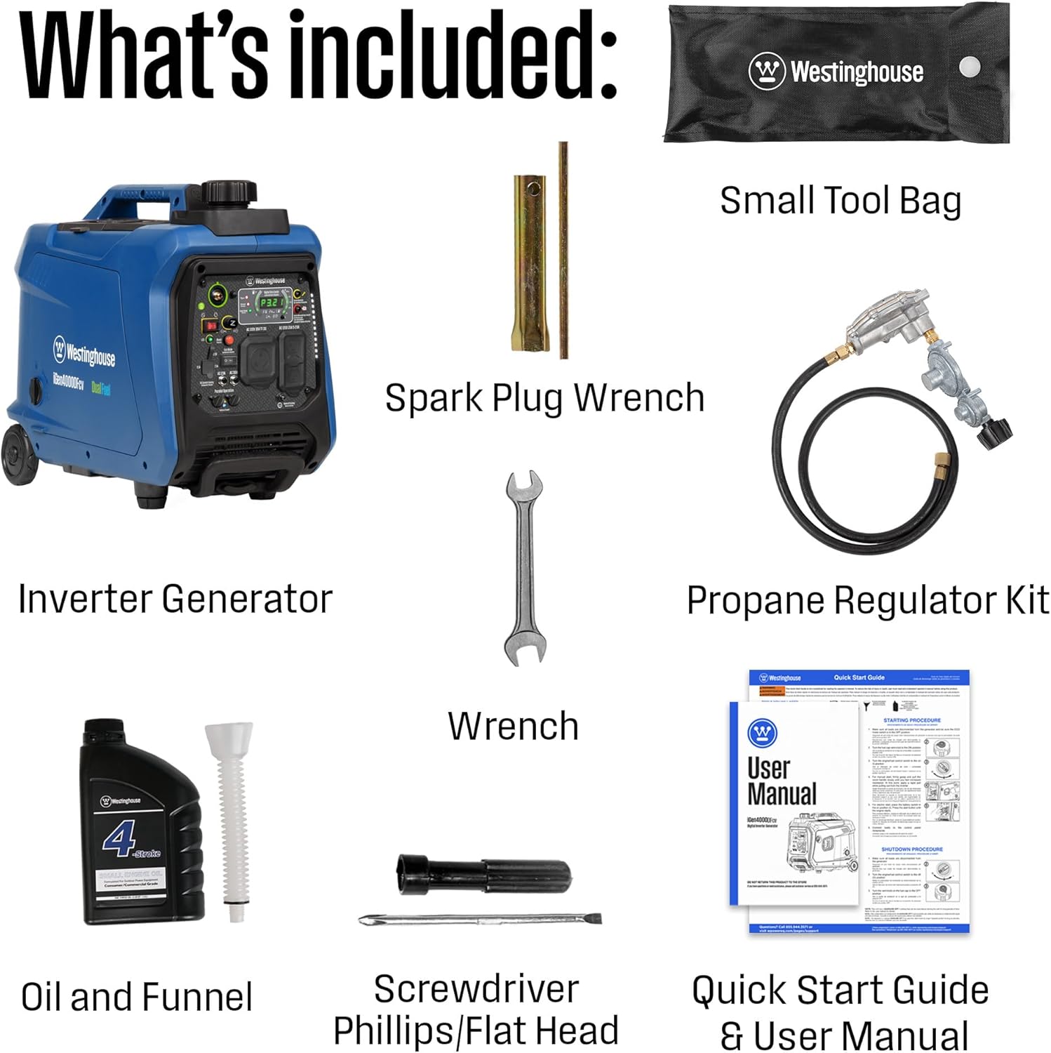 Westinghouse 4000 Peak Watt Super Quiet Dual Fuel Portable Inverter Generator, Wheel & Handle Kit, Gas & Propane Powered, RV Ready, CO Sensor, Parallel Capable