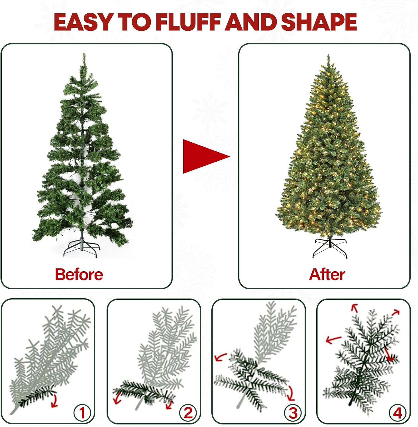 6 ft Lighted Christmas Tree, Artificial Christmas Tree with 250 Warm White Lights, 1032 Branch Tips, Hinged Branches and Metal Stand