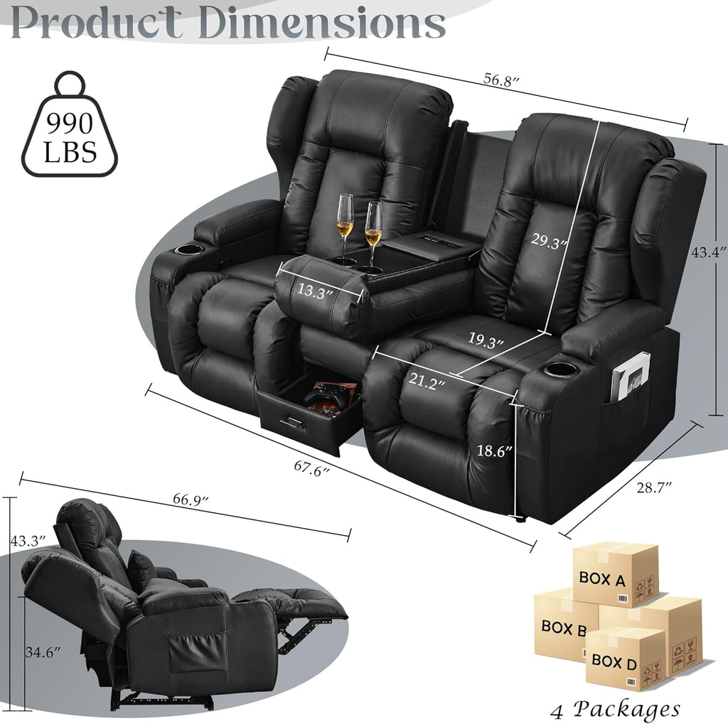 URRED Loveseat Recliner Sofa, Manual Reclining Loveseat Sofa with Flip-Down Console, Home Theater RV Recliner Couch with Cup Holders and Storage for Living Room (Black)