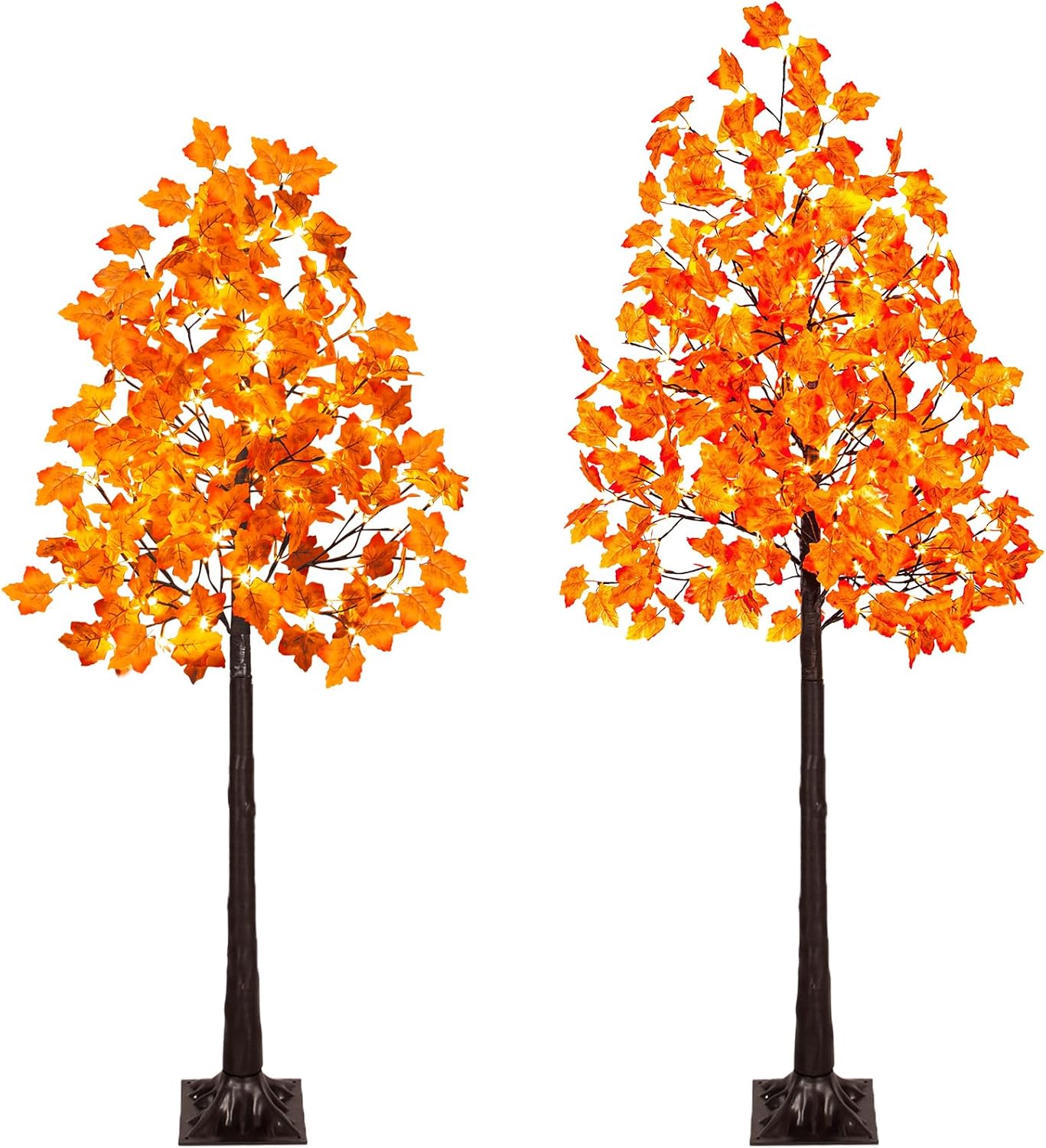 VIVATREES 2Pack 5FT+6FT Artificial Lighted Maple Tree, Light Up Fall Tree with 216 LED Warm White Lights for Halloween, Thanksgiving, Autumn Harvest Outdoor Indoor Home Decor, Orange