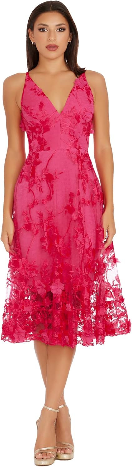 Dress The Population Womens Audrey Spaghetti Strap Midi A-line 3D Floral Dress