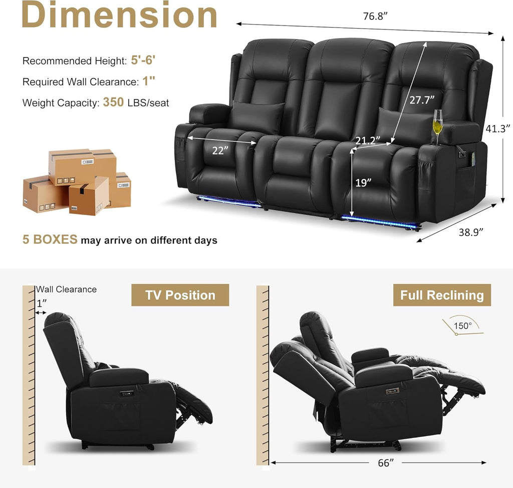 URRED Power Loveseat Recliner Sofa with Massage and Heat, Wall Hugger Reclining Loveseat with Console, RV Couch Home Theater Seating with LED Lights for Living Room (Black, 76.8" - 3 Seats)