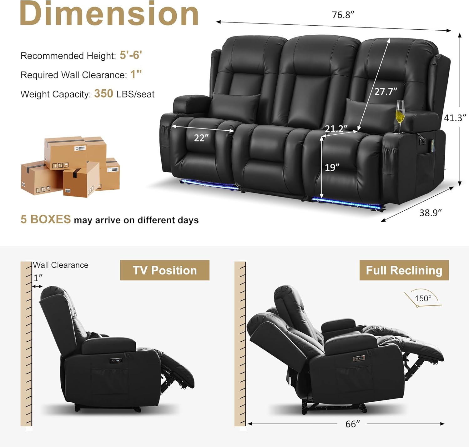 URRED Power Loveseat Recliner Sofa with Massage and Heat, Wall Hugger Reclining Loveseat with Console, RV Couch Home Theater Seating with LED Lights for Living Room (Black, 76.8" - 3 Seats)