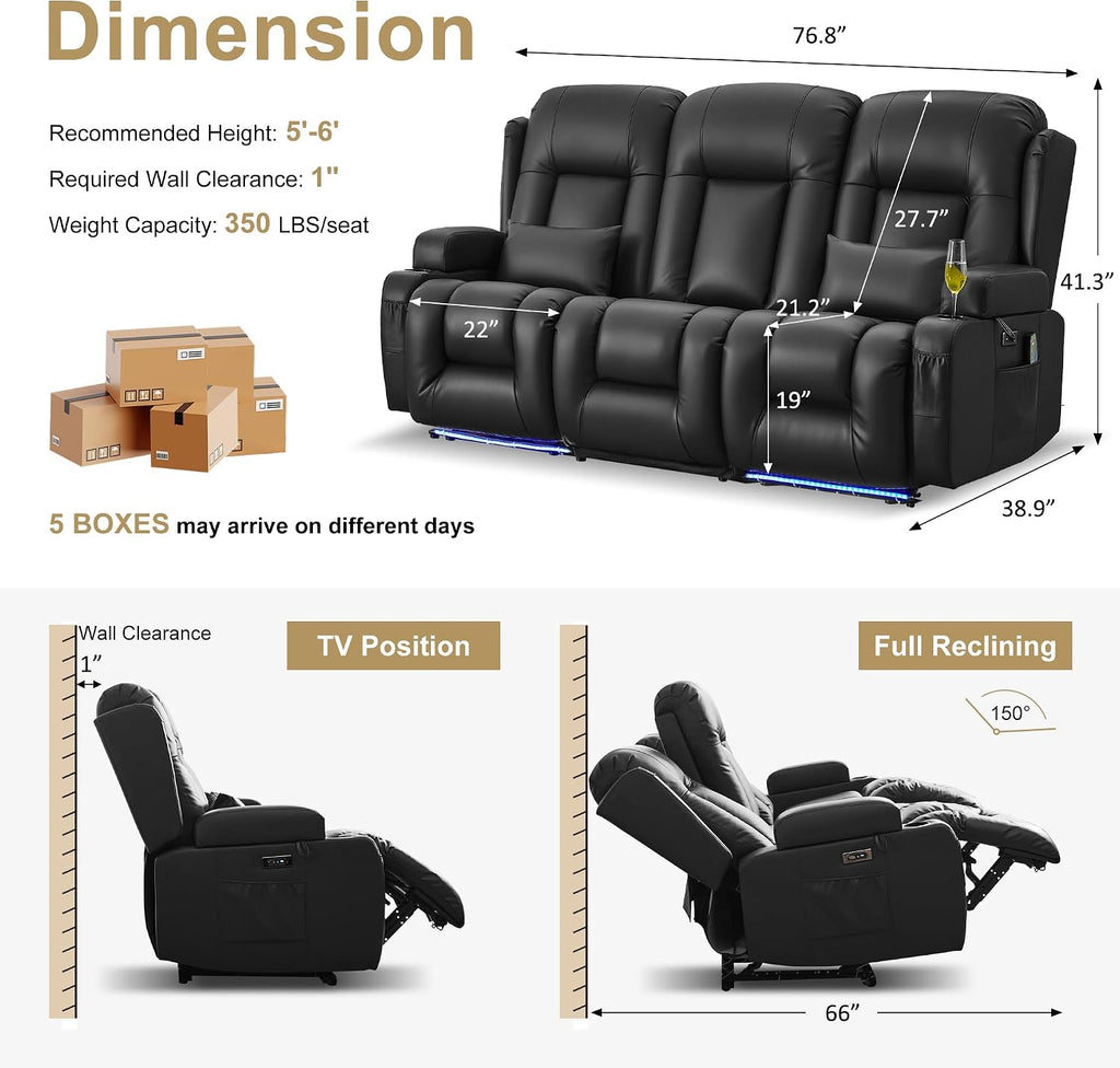 URRED Power Loveseat Recliner Sofa with Massage and Heat, Wall Hugger Reclining Loveseat with Console, RV Couch Home Theater Seating with LED Lights for Living Room (Black, 76.8" - 3 Seats)