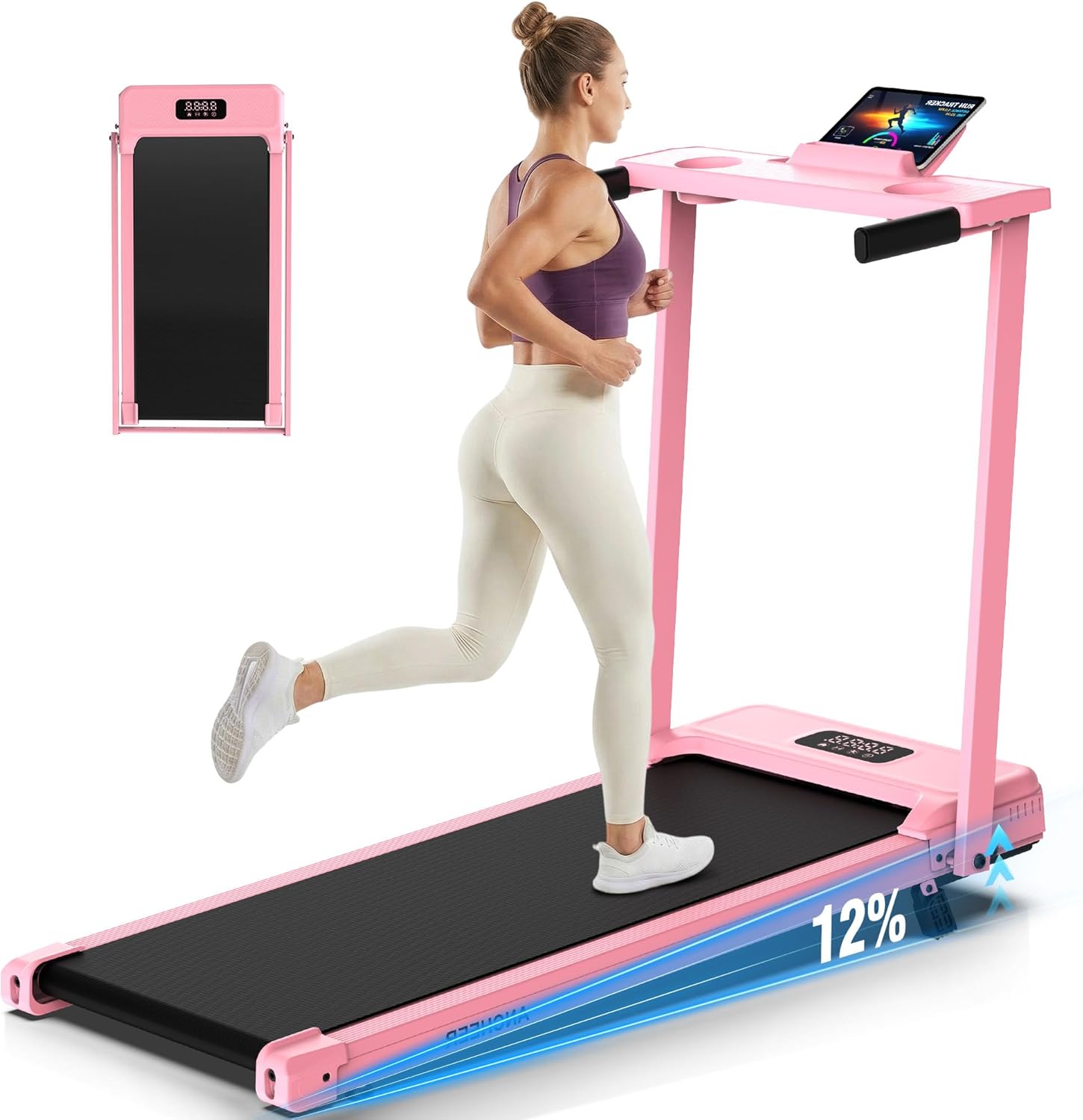FUNMILY 3.5HP Walking Pad Incline Treadmill with Desk & Handle Bar, Heavy Duty 350 lbs Weight Capacity Portable Treadmill for Home and Office, Remote Control & LED Display