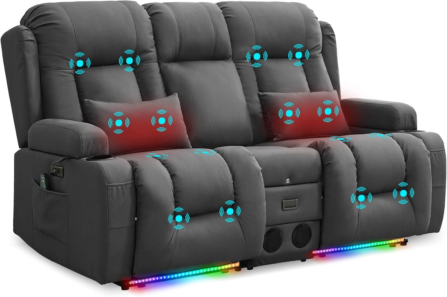 URRED Power Loveseat Recliner Sofa with Massage and Heat, Wall Hugger Reclining Loveseat with Console, RV Couch Home Theater Seating with LED Lights for Living Room (Gray, 67" - 2 Seats)