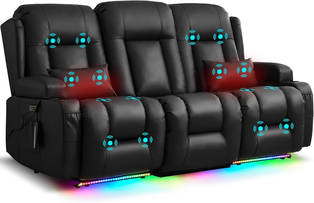 URRED Power Loveseat Recliner Sofa with Massage and Heat, Wall Hugger Reclining Loveseat with Console, RV Couch Home Theater Seating with LED Lights for Living Room (Black, 76.8" - 3 Seats)