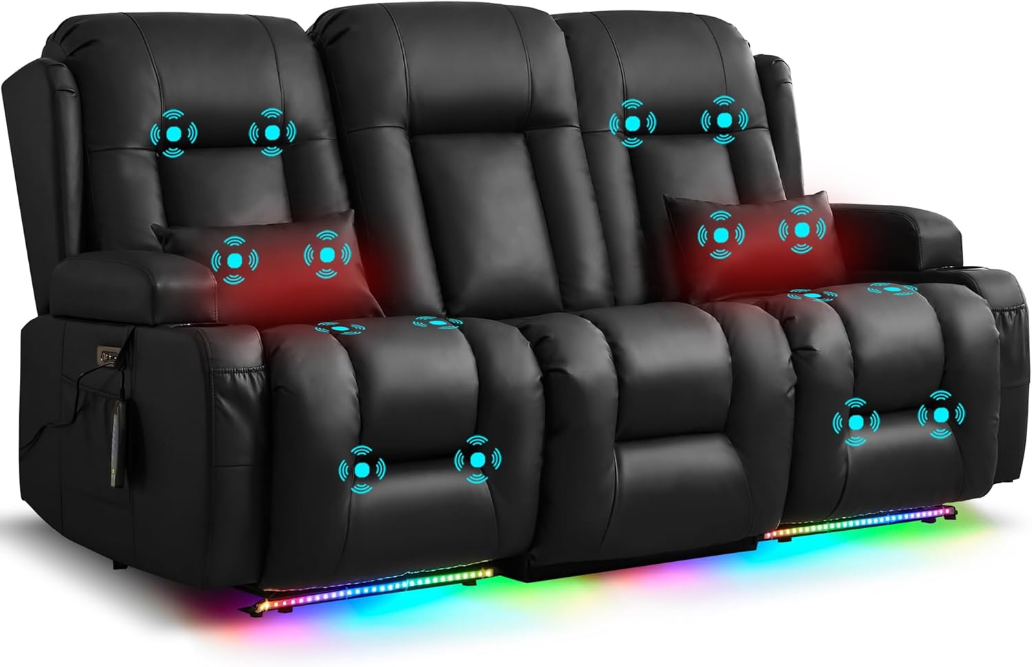 URRED Power Loveseat Recliner Sofa with Massage and Heat, Wall Hugger Reclining Loveseat with Console, RV Couch Home Theater Seating with LED Lights for Living Room (Black, 76.8" - 3 Seats)