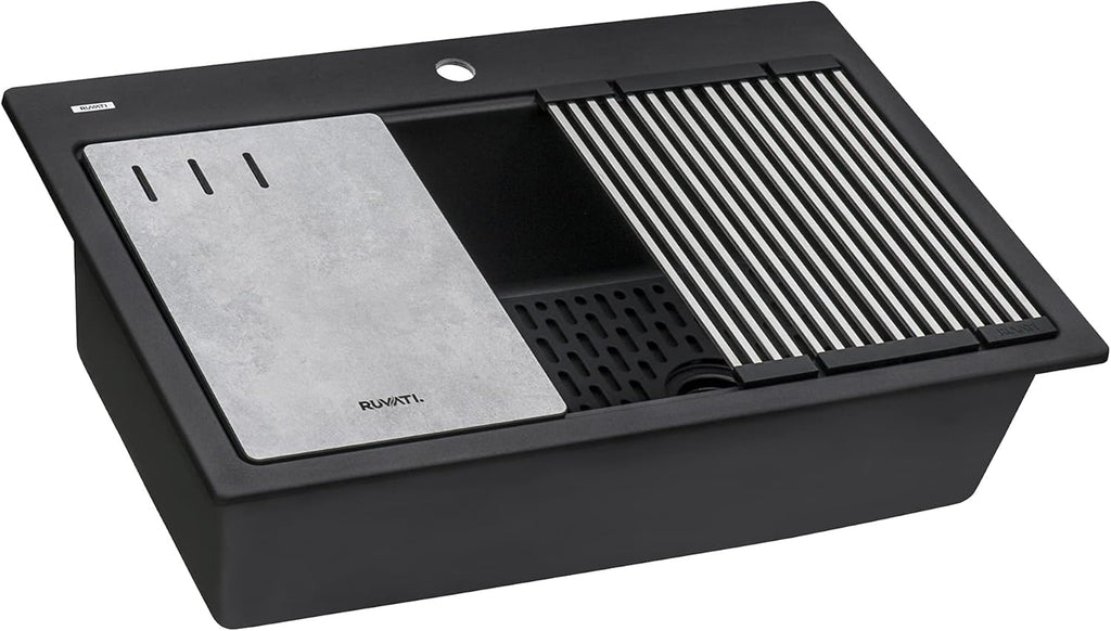 Ruvati 33-inch Granite Composite Quartz Workstation Matte Black Drop-in Topmount Kitchen Sink - RVG1302BK