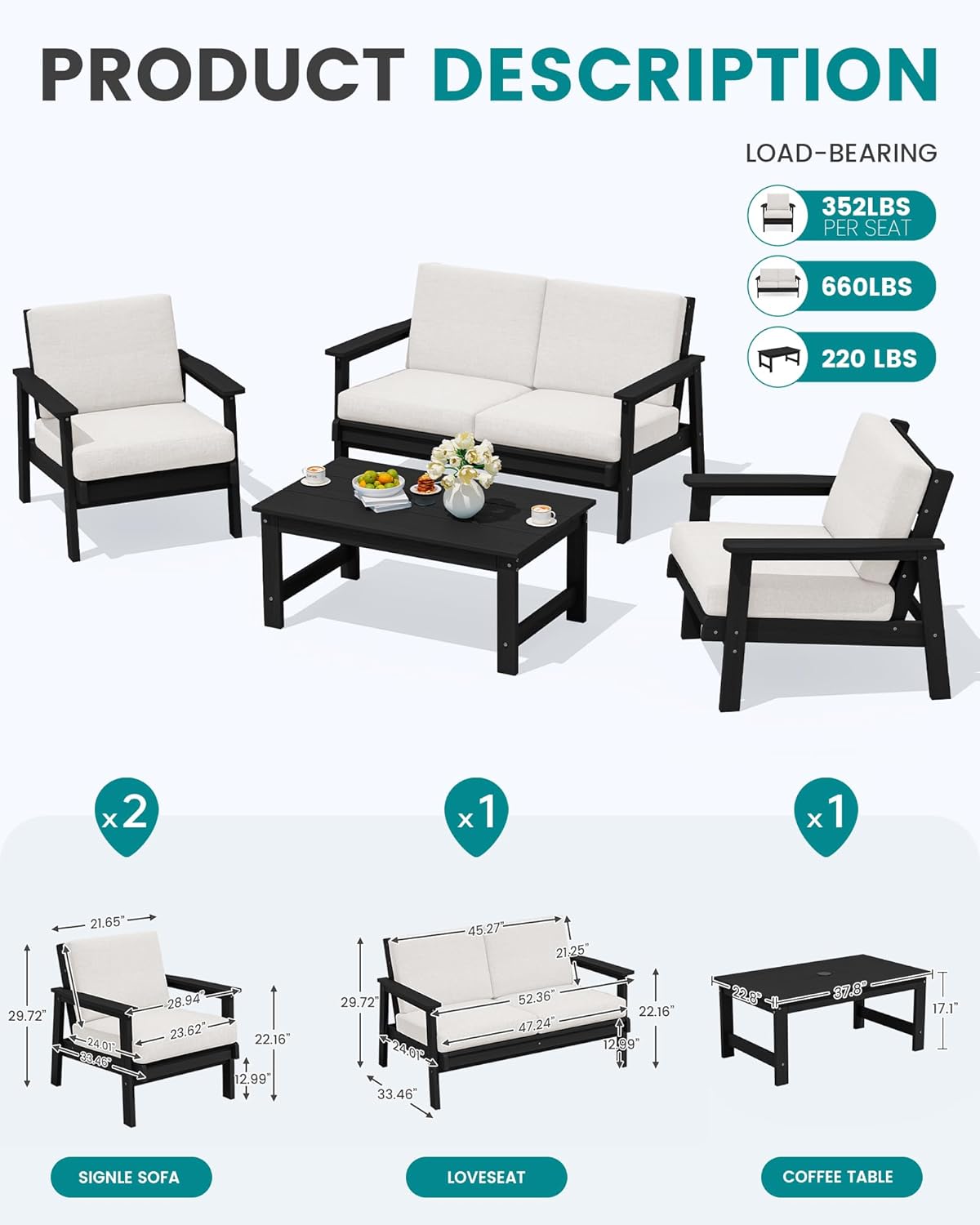 SERWALL HDPE Outdoor Furniture Set, 4 Piece Outdoor Sofa Set, Black Frame with Khaki Cushions