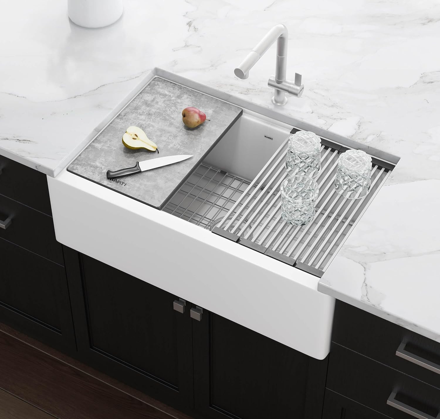 Ruvati 33-inch Matte White Farmhouse Granite Composite Quartz Workstation Apron-front Kitchen Sink - RVG1533WH