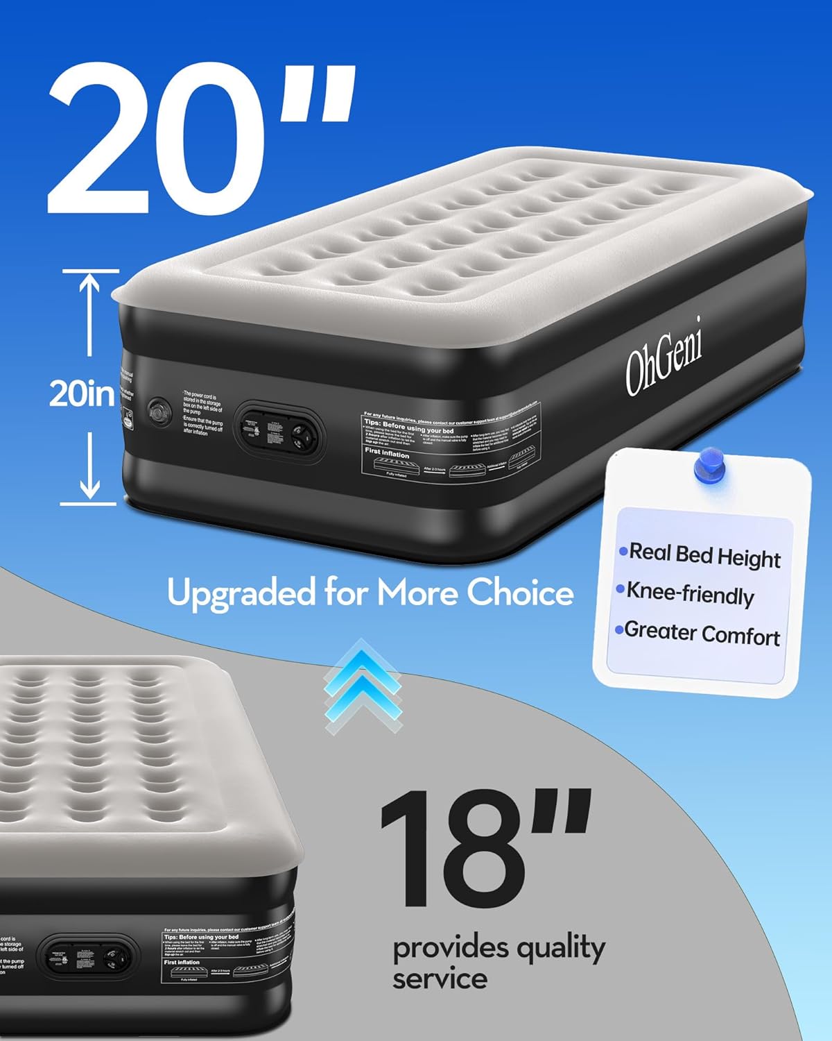 OhGeni 20" Twin Air Mattress with Built in Pump, Portable Blow up Mattress, 72Hr Leak-Proof Test Airbed for Guests & Home, Ideal for Single Person, Better to Get up, 300LBS