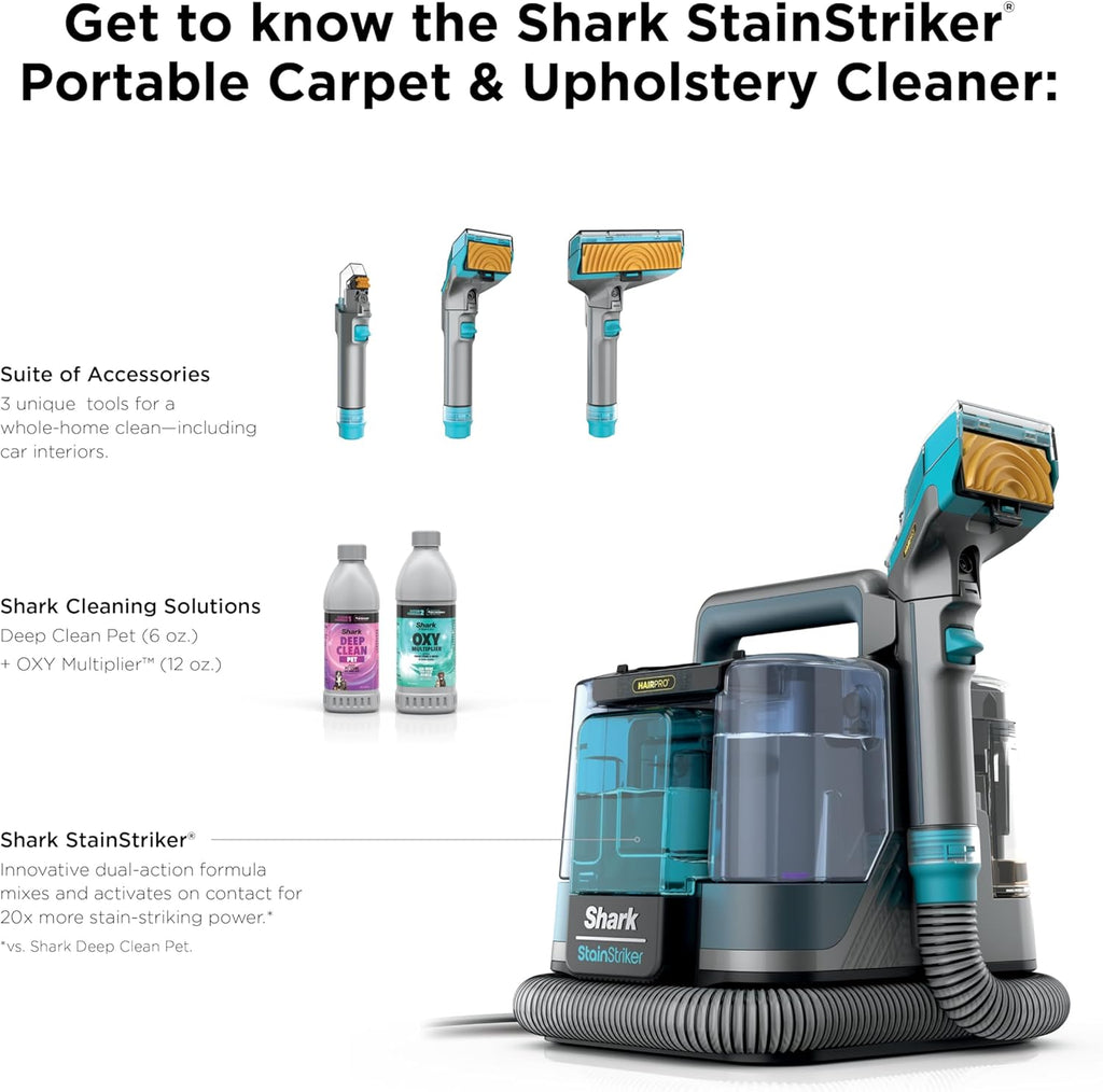 Shark StainStriker HairPro | Portable Carpet, Upholstery & Rug Cleaner | 3 Tools | Self-Cleaning | Perfect for Pets | Ultra-Powerful Stain & Odor Remover | Pet & OXY Solutions | Teal | PX253BRN