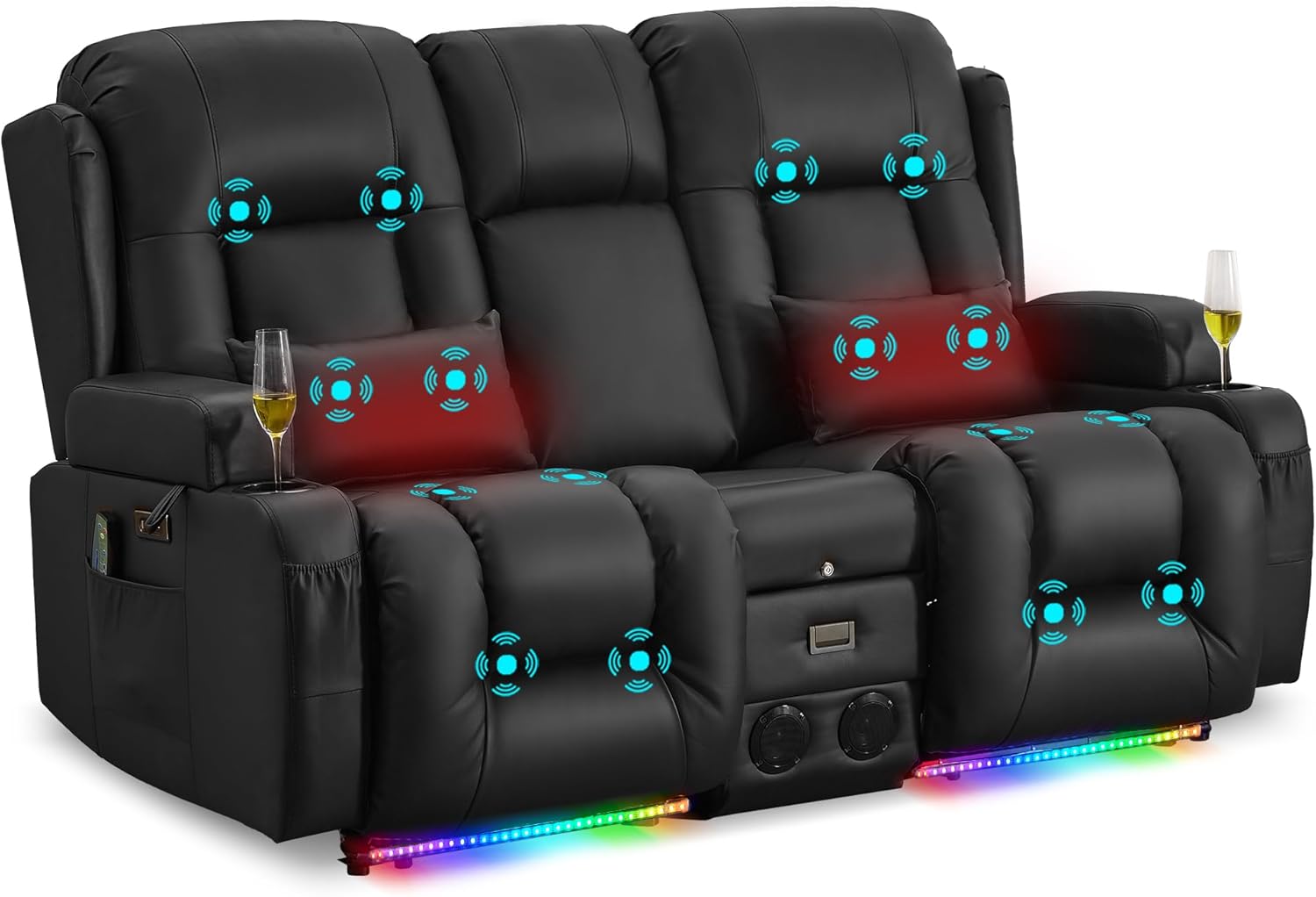 URRED Power Loveseat Recliner Sofa with Massage and Heat, Wall Hugger Reclining Loveseat with Console, RV Couch Home Theater Seating with LED Lights for Living Room (Black, 67" - 2 Seats)