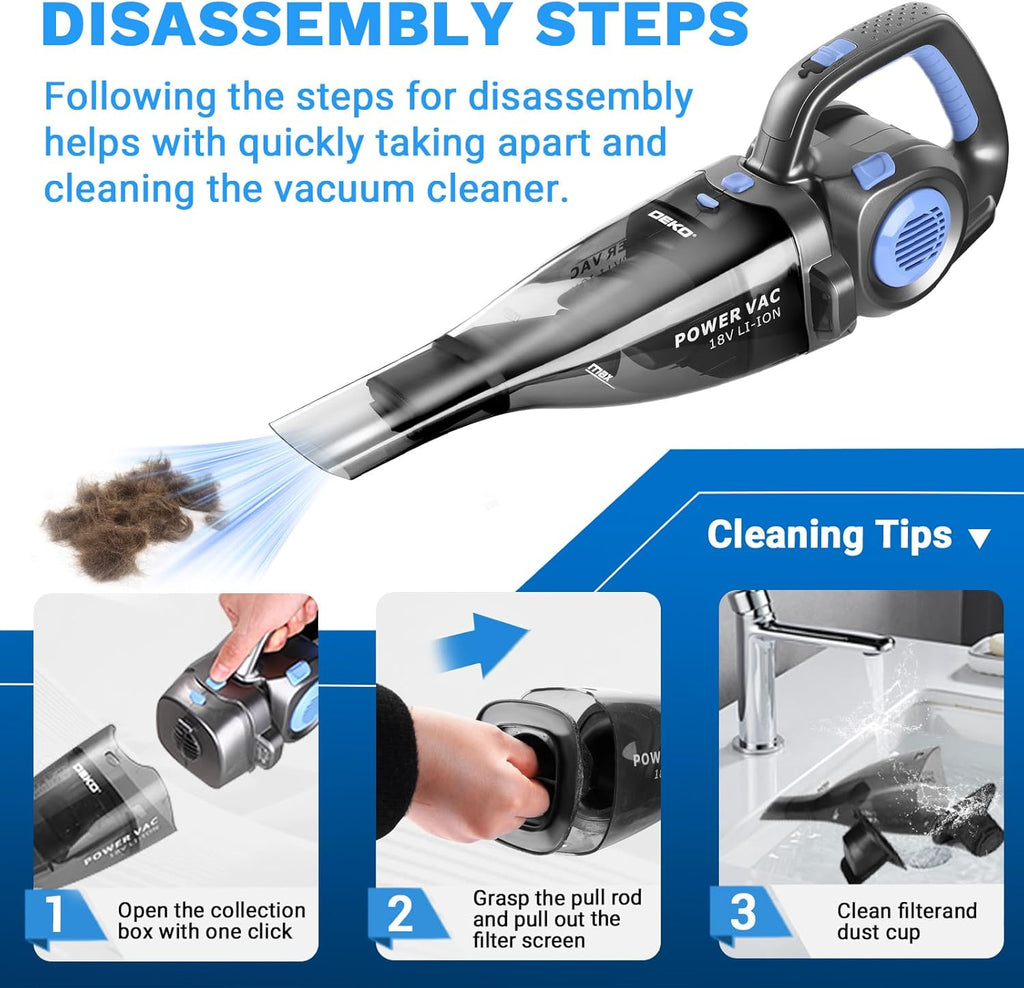 DEKOPRO 22V Upgraded Handheld Vacuum – Cordless & Rechargeable Car Vacuum Cleaner with LED Light, Strong Suction Mini Vacuum for Pet Hair & Dust, Includes Multi Nozzles for Wet/Dry Cleaning