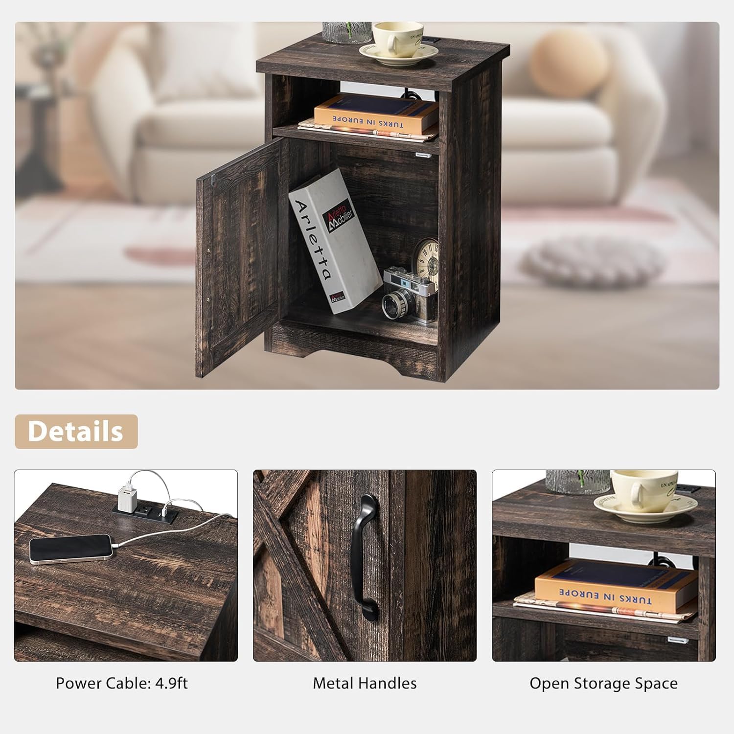 AMERLIFE 4 Pieces Living Room Table Sets, 70" Farmhouse TV Stand with 33" Electric Fireplace, Coffee Table & 2 End Tables with Charging Station and USB Ports, Living Room, Dark Oak