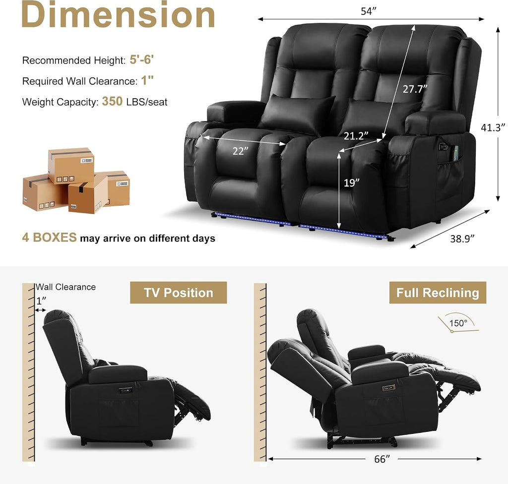 URRED Power Loveseat Recliner Sofa with Massage and Heat, Wall Hugger Reclining Loveseat, RV Couch Home Theater Seating with LED Lights for Living Room (Black, 54" - 2 Seats)