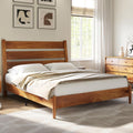 AMERLIFE Solid Wood Queen Size Bed Frame, Mid Century Modern Platform Bed Frame with Reclining Headboard, Sturdy & Noise Free, No Box Spring Needed, Light Brown