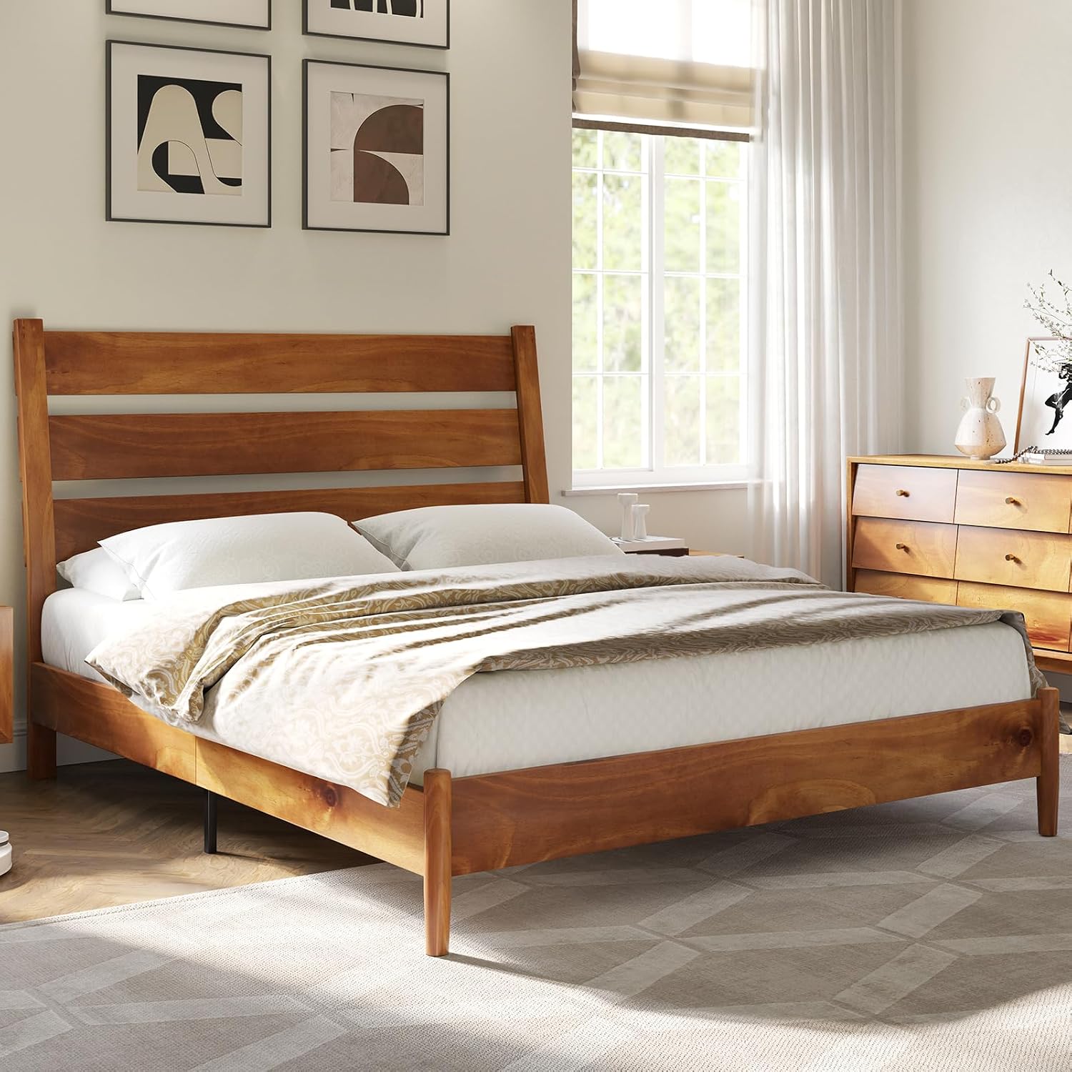 AMERLIFE Solid Wood Queen Size Bed Frame, Mid Century Modern Platform Bed Frame with Reclining Headboard, Sturdy & Noise Free, No Box Spring Needed, Light Brown