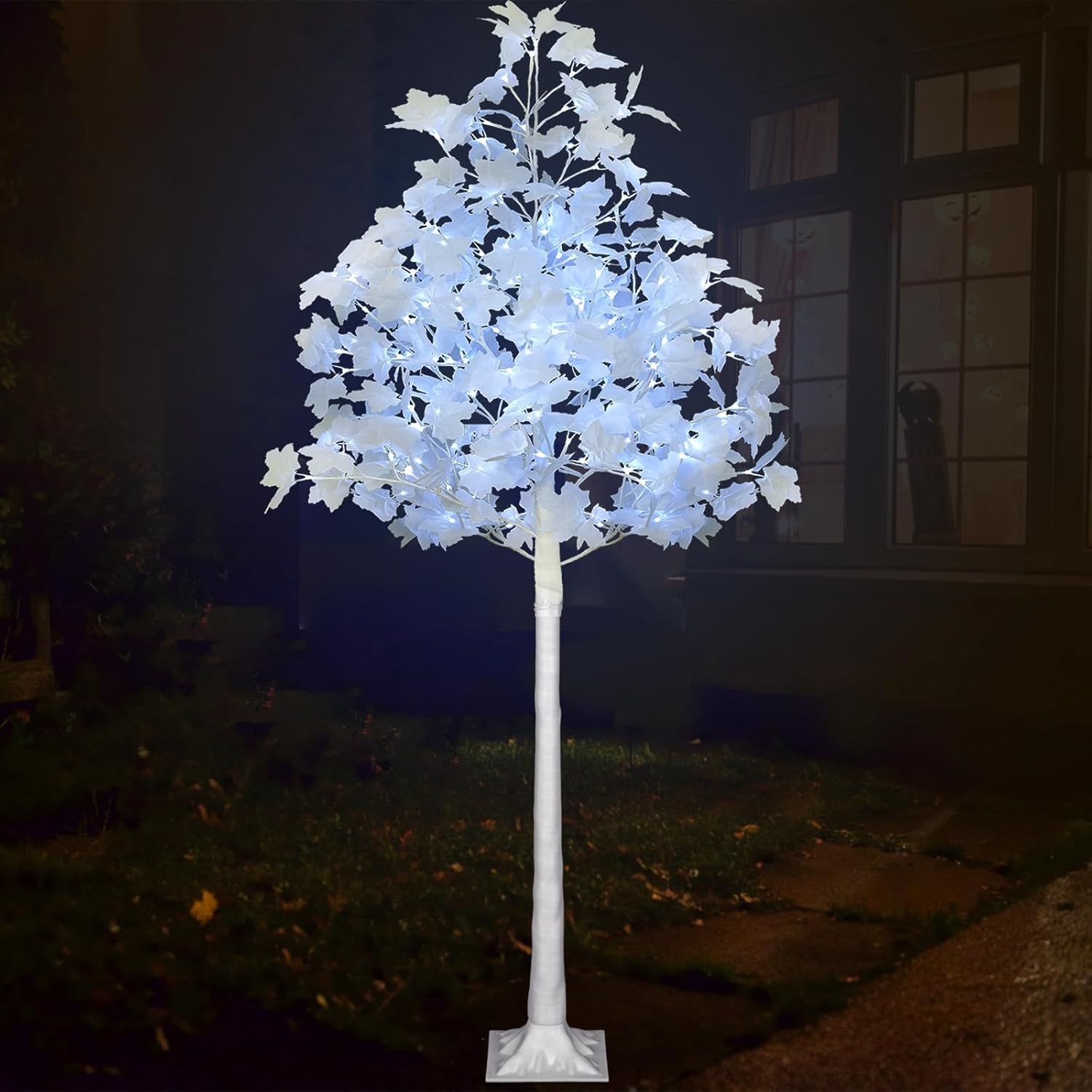 VIVATREES 6FT 120LED Lighted Maple Tree with White Leaves, Dual-Tone Lights (Cold & Warm White), Artificial Tree for Home, Festival, Party Indoor and Outdoor