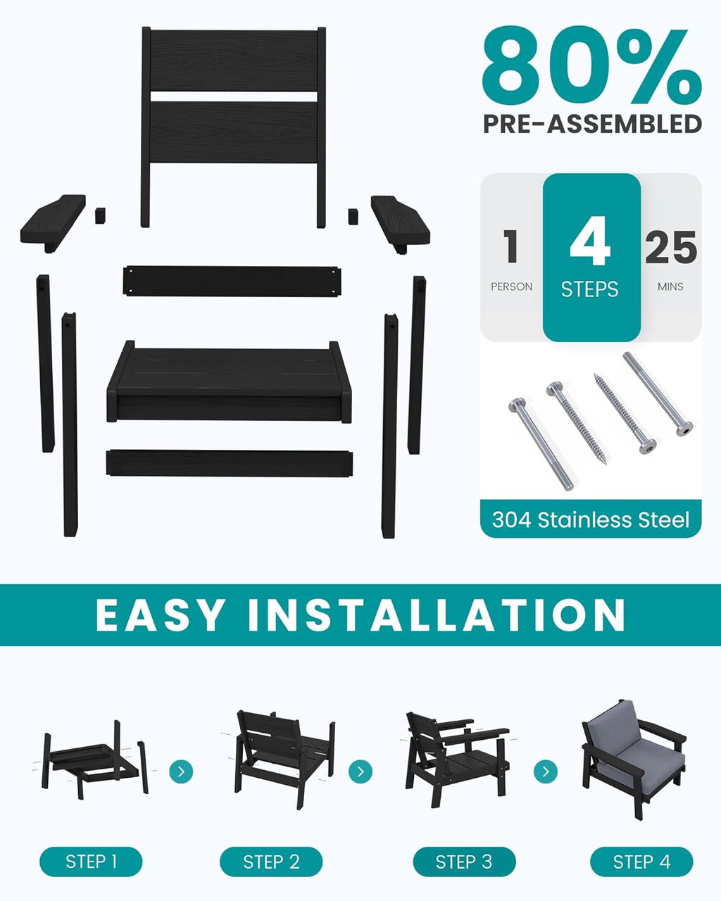 SERWALL 4 Piece HDPE Outdoor Furniture Set, All Weather Wood-Like Outdoor Sofa Sectional Couch, Black Patio Furniture Set with Grey Cushions
