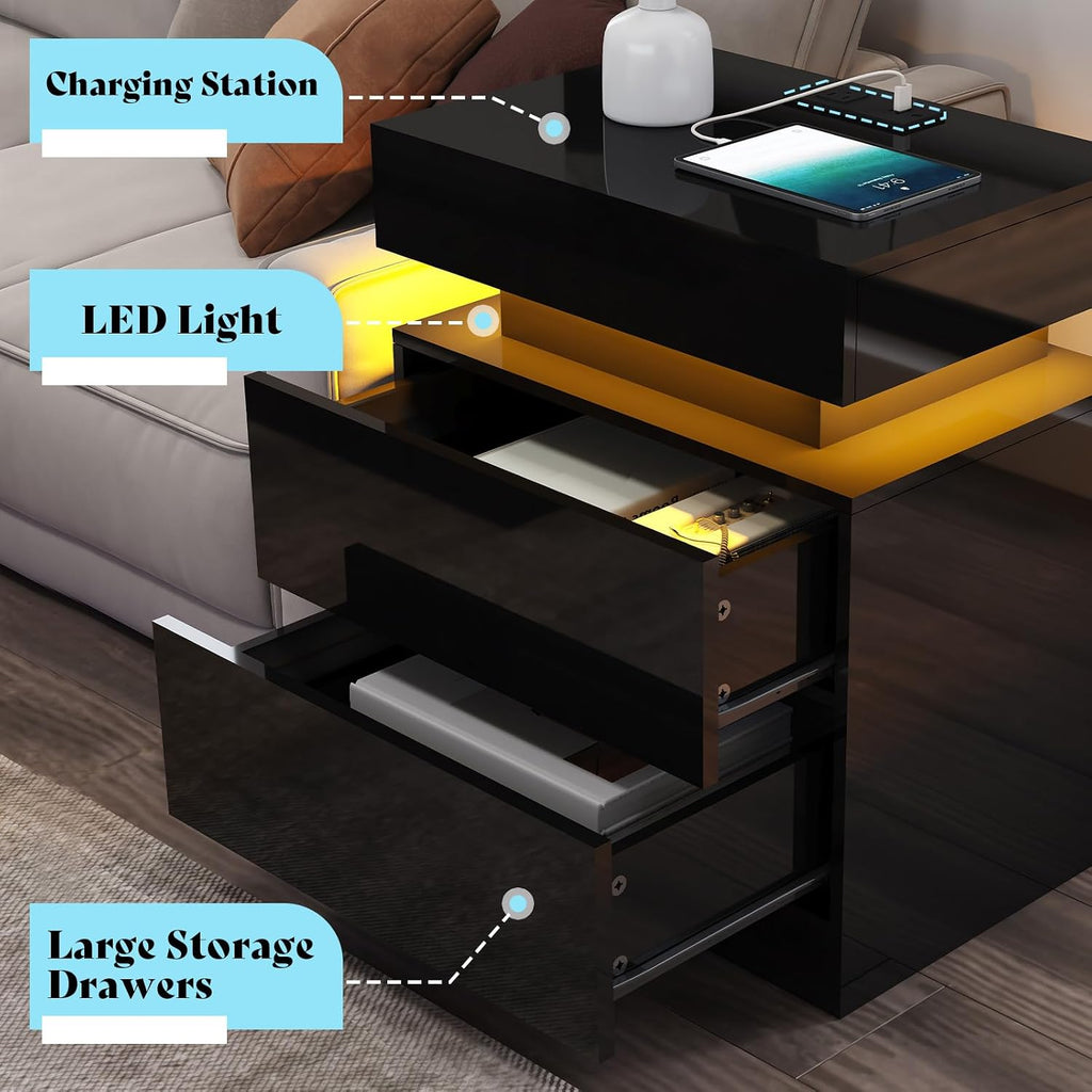 AMERLIFE 4-Piece Modern High Gloss Living Room Table Set, 70" Fireplace TV Stand, 39.4" Coffee Table with 2-Tier Storage, End Table Set of 2 with Charging Station, LED Lights/Black