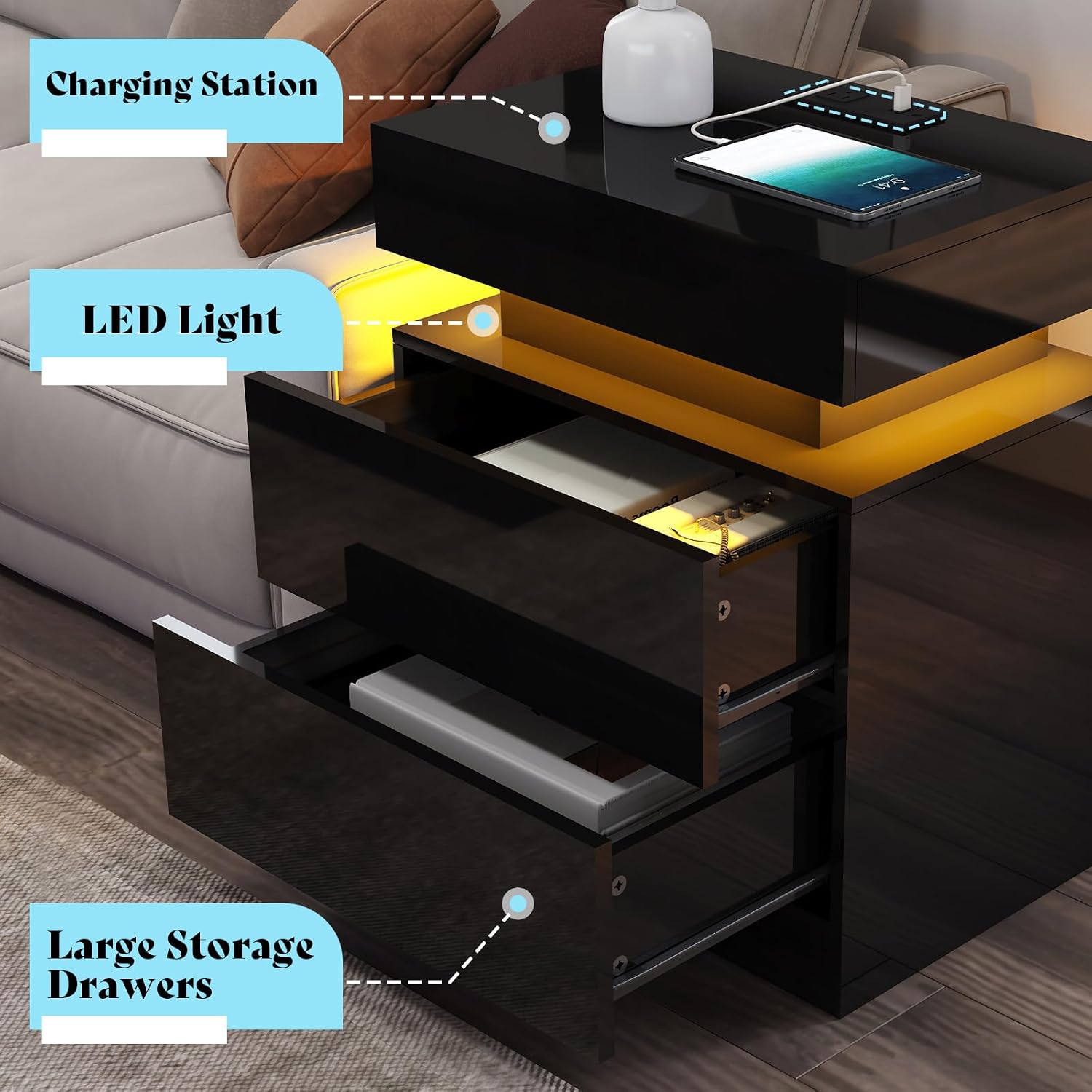 AMERLIFE 4-Piece Modern High Gloss Living Room Table Set, 70" Fireplace TV Stand, 39.4" Coffee Table with 2-Tier Storage, End Table Set of 2 with Charging Station, LED Lights/Black