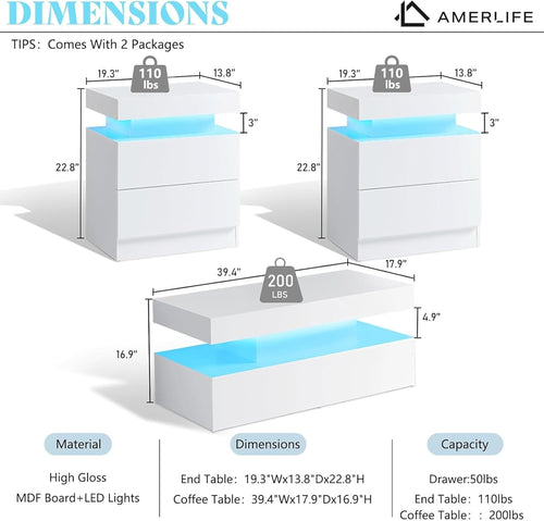 AMERLIFE Modern 3-Piece Table Set for Living Room, White High Gloss Coffee Table with LED Lights, 2 Matching End Side Tables, Nightstand Set with Charging Station