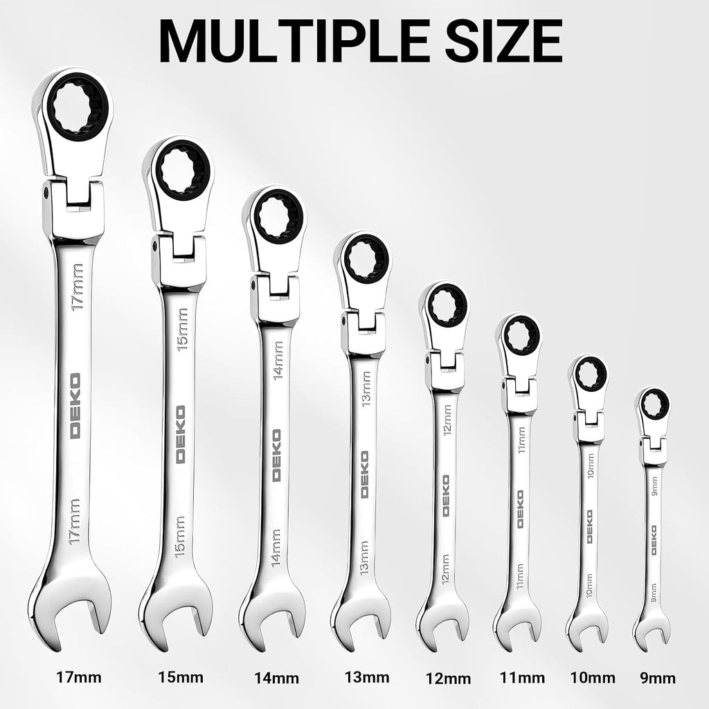 DEKOPRO 8-PC Flex Head Ratcheting Wrench Set, Metric Standard 9-17mm, 72-Tooth Cr-V Combination Wrenches with Portable Pouch for Mechanics & Home Maintenance