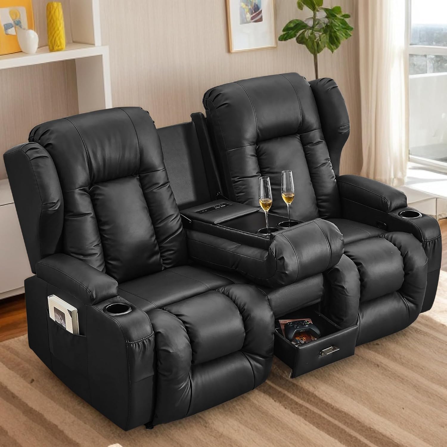 URRED Loveseat Recliner Sofa, Manual Reclining Loveseat Sofa with Flip-Down Console, Home Theater RV Recliner Couch with Cup Holders and Storage for Living Room (Black)