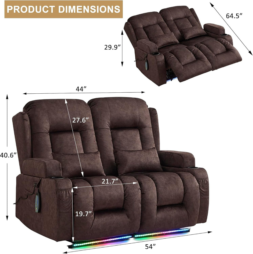 URRED Power Loveseat Recliner Sofa with Massage and Heat, Wall Hugger Reclining Loveseat, RV Couch Home Theater Seating with LED Lights for Living Room (Brown, 54" - 2 Seats)