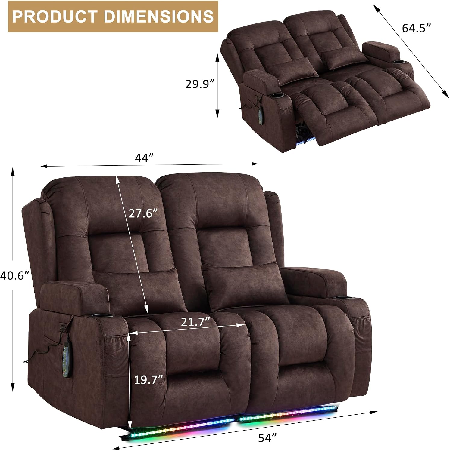 URRED Power Loveseat Recliner Sofa with Massage and Heat, Wall Hugger Reclining Loveseat, RV Couch Home Theater Seating with LED Lights for Living Room (Brown, 54" - 2 Seats)