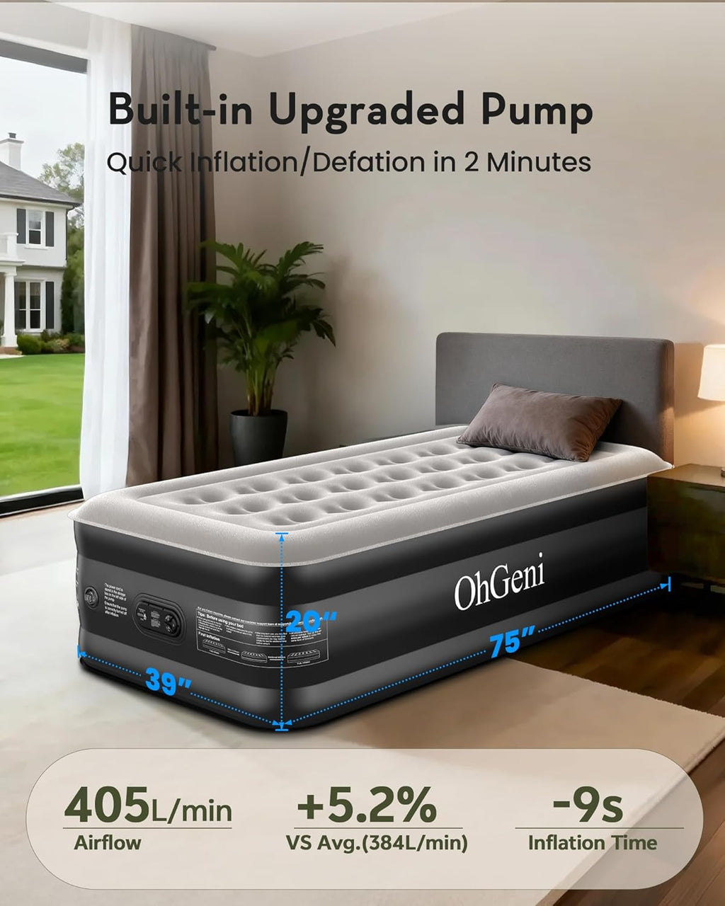 OhGeni 20" Twin Air Mattress with Built in Pump, Portable Blow up Mattress, 72Hr Leak-Proof Test Airbed for Guests & Home, Ideal for Single Person, Better to Get up, 300LBS