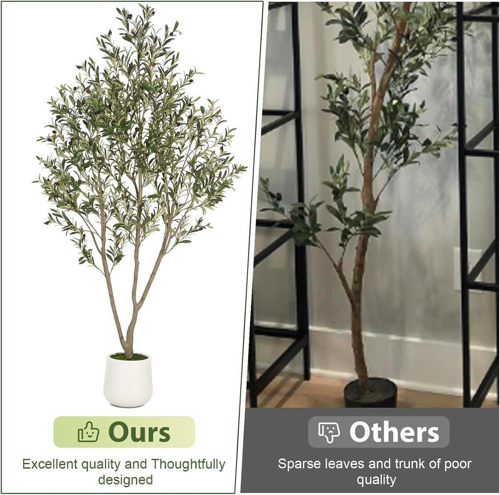 VIVATREES Olive Trees Artificial Indoor, 7FT Tall Faux Olive Tree with White Tall Planter, Artificial Plants with Natural Wood Trunk and Lifelike Fruits for Home Office Decor