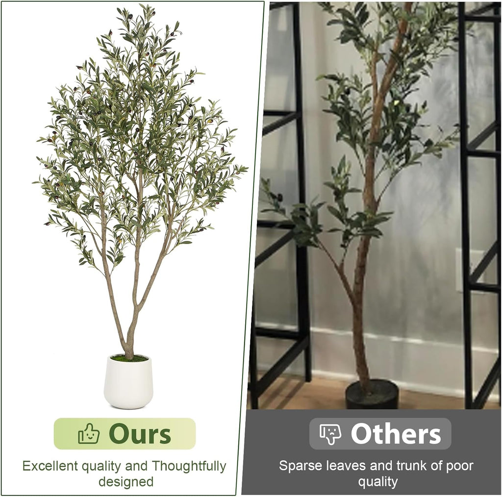 VIVATREES Olive Trees Artificial Indoor, 6FT Tall Faux Olive Tree with White Tall Planter, Artificial Plants with Natural Wood Trunk and Lifelike Fruits for Home Office Decor
