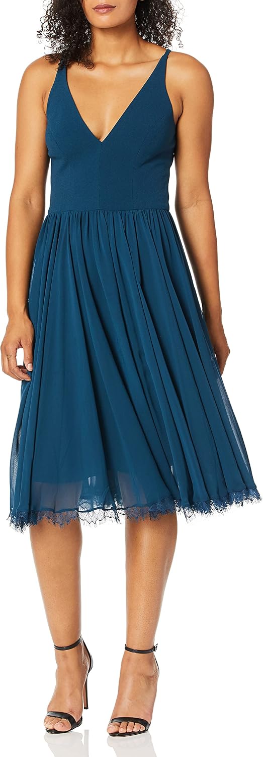 Dress the Population Women's Alicia Plunging Mix Media Sleeveless Fit and Flare Midi Dress