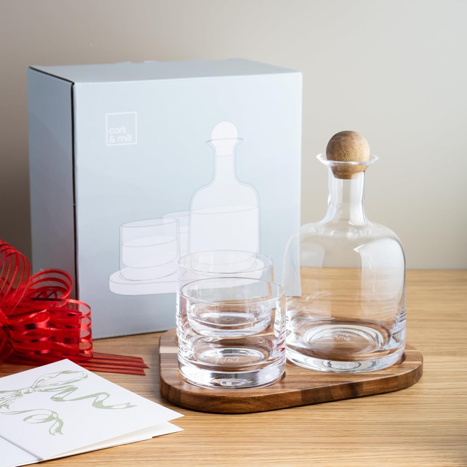 Cork & Mill Whiskey Decanter Set, Hand-Blown Lead-Free Crystal 800ml Liquor Decanter for Bourbon and More, Two 8oz Old Fashioned Glasses, Acacia Wood Stopper & Display Tray, Ideal Whisky Gift Set