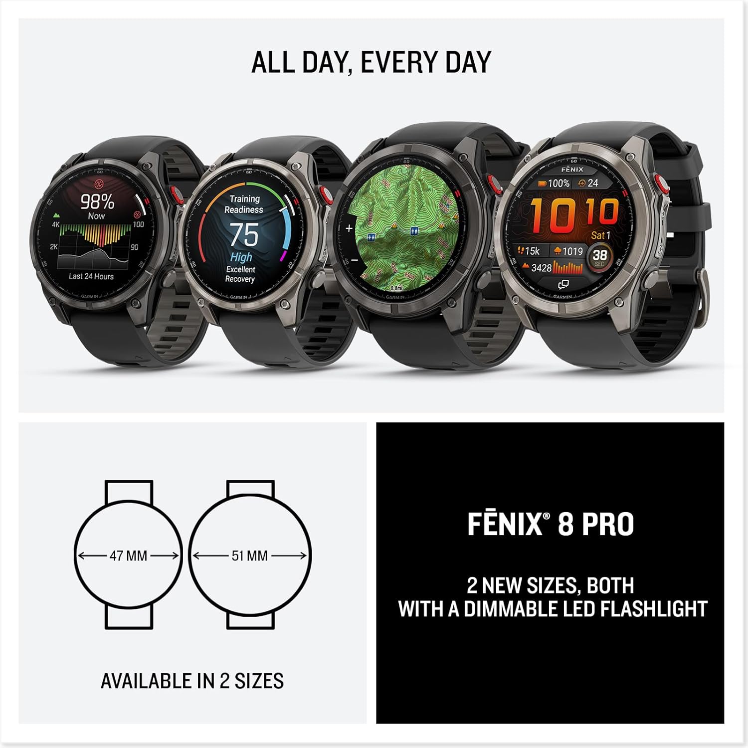 Garmin fēnix® 8 Pro, 51mm, AMOLED Display, Premium Connected Multisport GPS Smartwatch, inReach® Technology, Sapphire, Carbon Gray DLC Titanium with Black/Pebble Gray Silicone Band