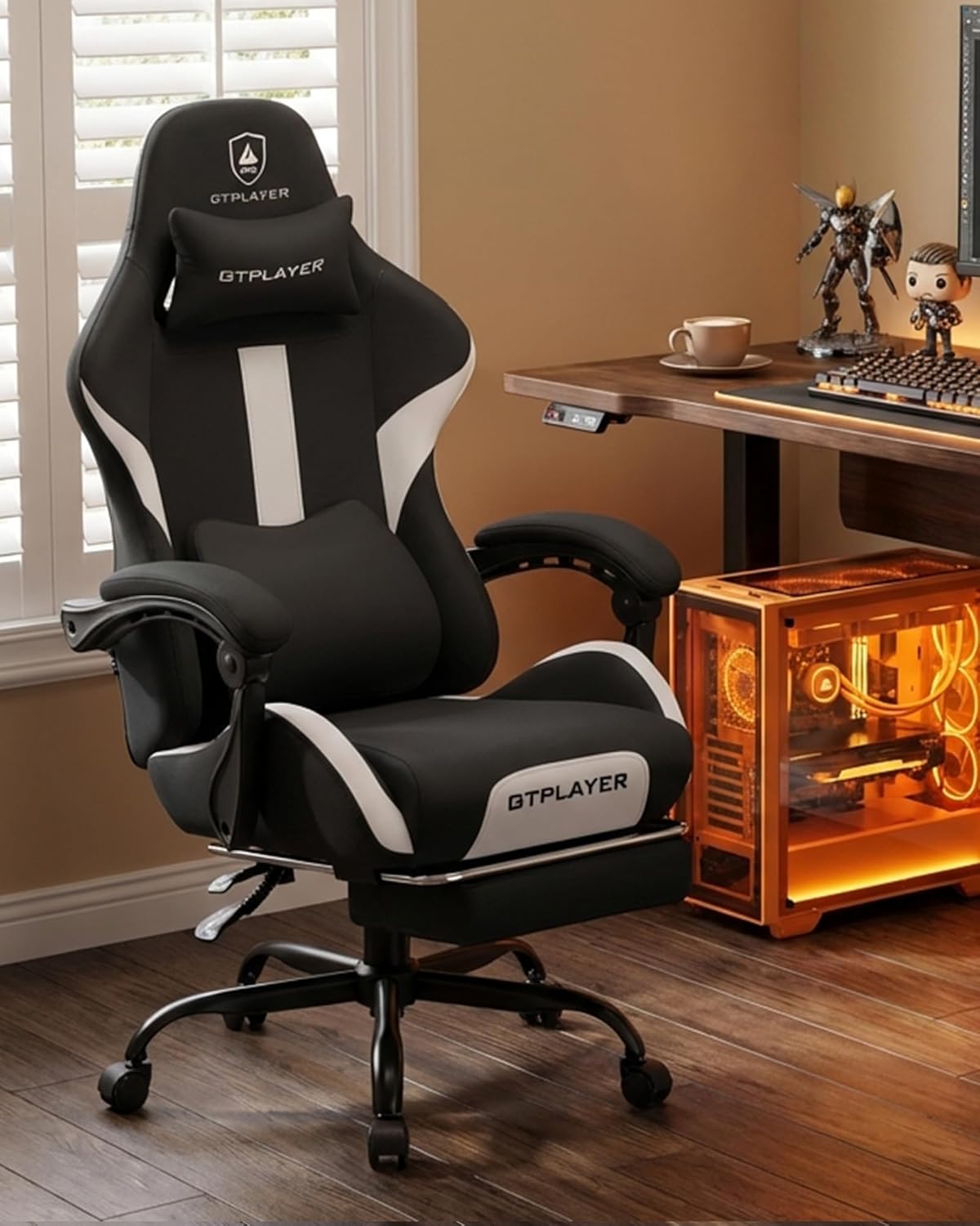 GTPLAYER Gaming Chair with Foot Rest & Pocket Spring Cushion, Ergonomic High Back Computer Desk Chair with Headrest & Lumbar Support for Back Pain Relief, Breathable Fabric, Black