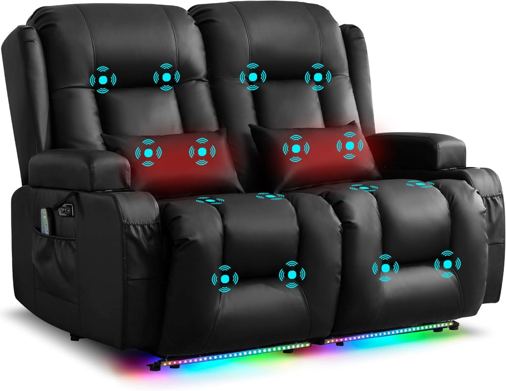 URRED Power Loveseat Recliner Sofa with Massage and Heat, Wall Hugger Reclining Loveseat, RV Couch Home Theater Seating with LED Lights for Living Room (Black, 54" - 2 Seats)