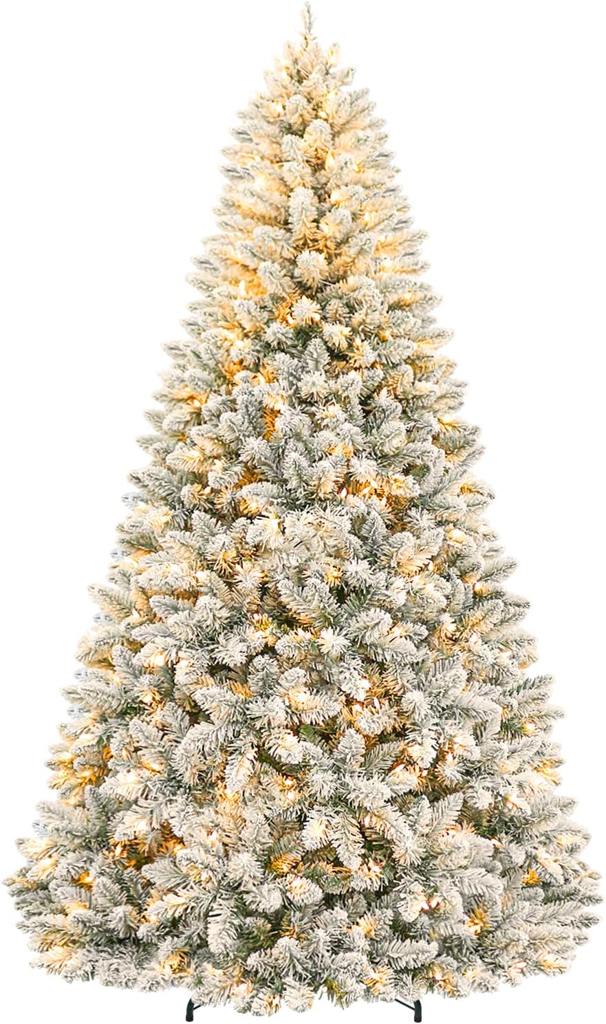 6ft Prelit Flocked Christmas Tree, Artificial Holiday Christmas Tree with 250 Warm White Lights, 1032 Branch Tips, Hinged Design & Metal Base, Easy Assembly for Indoor Decorating