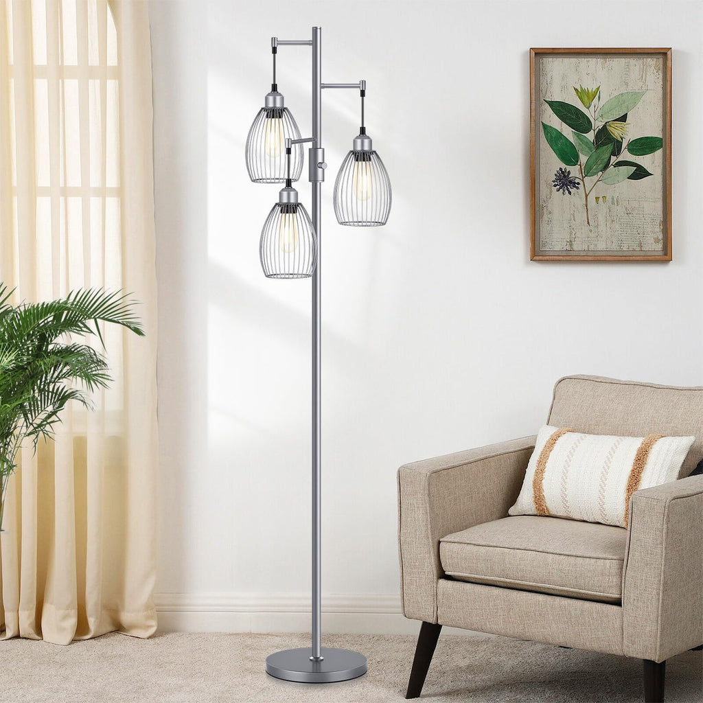 Torondo Dimmable Industrial Floor Lamps for Living Room, Gray Tree Standing Tall Lamps with 3 Elegant Teardrop Cage Head & 800 Lumens LED Bulbs for Bedroom Office